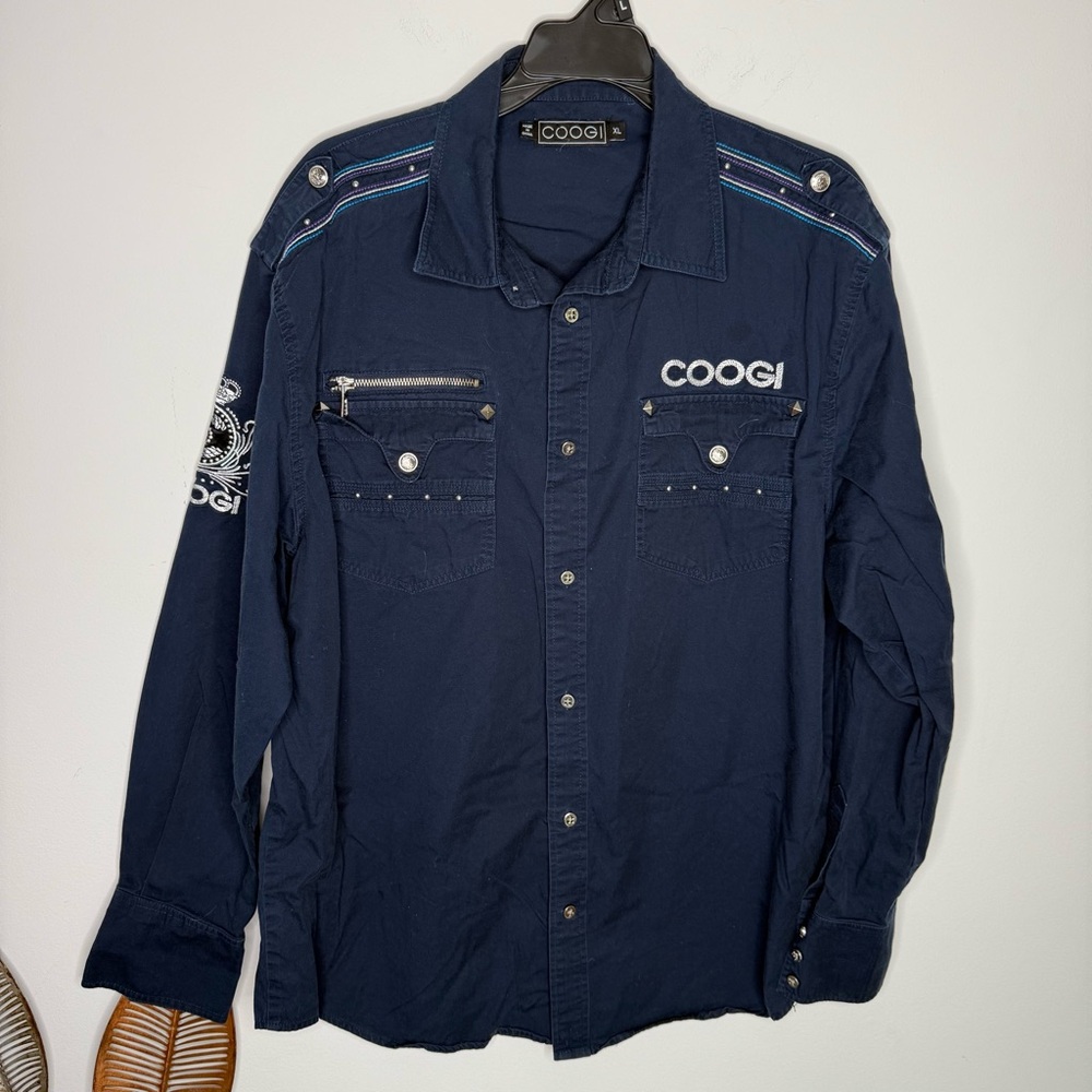 H2 Coogi Mens‎ Navy Long Sleeve Button Down Shirt